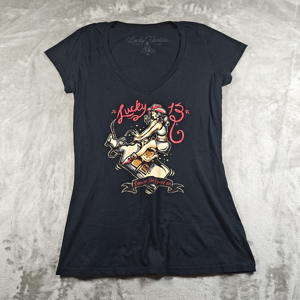 Vintage Lucky 13 Shirt Women XL Black Cowgirl Tattoo Rockabilly V Neck Pinup Y2K